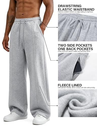HeSaYep Men's Baggy Sweatpants Fleece Lounge Wide Leg Sweat Pants | Open Bottom Cotton Pants Winter Thermal Straight Leg Pants Athletic Gym Workout Running Sleep Casual Sweatpants with Pockets thumbnail 5