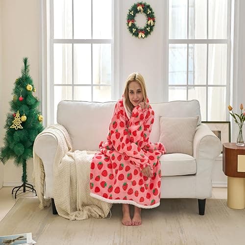 TSUTOMI Wearable Blanket Hoodie, Oversized Sherpa Wearable Hooded Blanket,Warm Cozy Sherpa Hoodie Gifts for Women Girls Adult Strawberry thumbnail 7