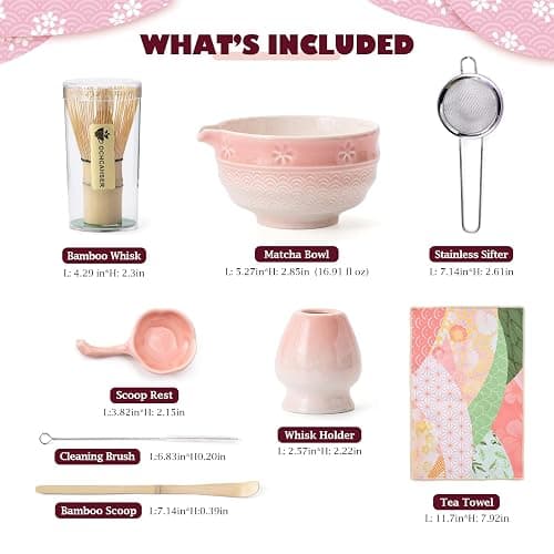Matcha Tea Set, 8 Pcs Japanese Matcha Kit with Cherry Blossom and Wave Design Ceramic Bowl, Bamboo Whisk, Whisk Holder, Scoop, Sifter, Brush, Matcha Kit Set for Matcha Lovers (Pink Gradient) thumbnail 6