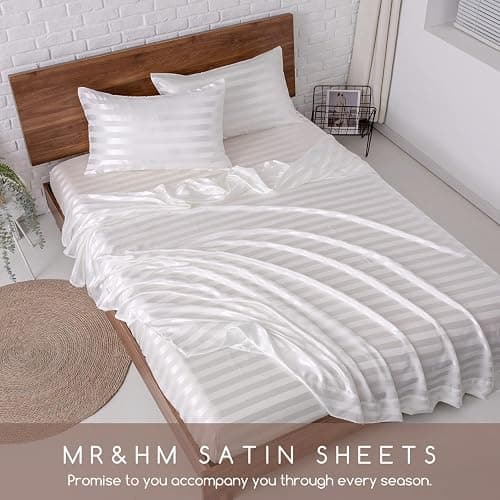 MR&HM Satin Bed Sheets, Twin Size Sheets Set, 3 Pcs Silky Bedding Set with 15 Inches Deep Pocket for Mattress (Twin, Ivory Striped) thumbnail 6