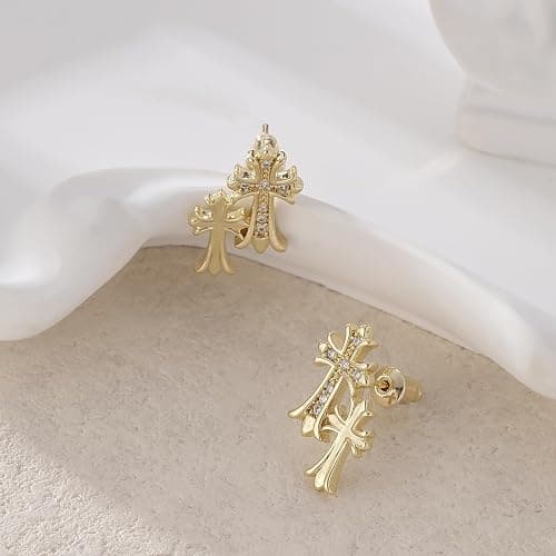 Warshion Gold Cross Earrings for Women 14K Gold Double Piercing Cross Earrings Diamond Stud Earring thumbnail 6