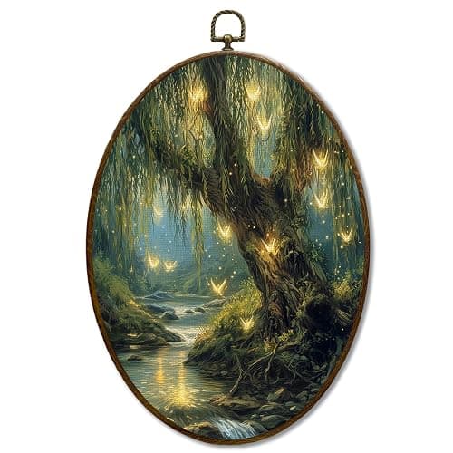 JQF Vintage Enchanted Forest Willow Tree Oval Wall Decor, Rustic Cottagecore Oval Canvas Wall Art, Dark Academia Nature Framed Prints Hanging Decor for Home Bedroom Living Room, 8.5x11.5 Inch - Image 1