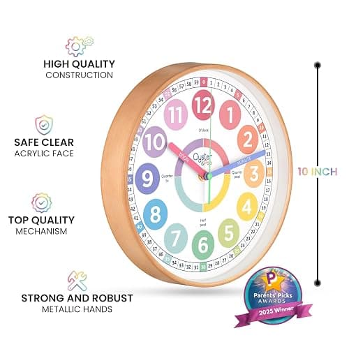 Oyster&Pop Pastel Kids Learning Clock – Award-Winning 10" Silent Non-Ticking Analog Wall Clock for Classroom & Kids Bedroom – Cute Colorful Decor & Educational Tool – Includes Teaching Time E-Book thumbnail 3