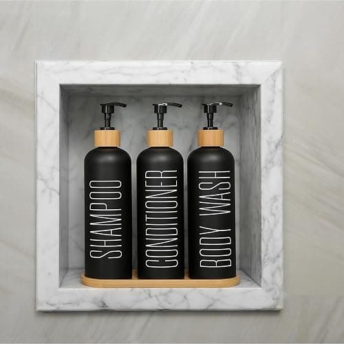 Prus Waso Shampoo and Conditioner Dispenser, Contains Shampoo Conditioner Body Wash Dispenser. Shower Dispenser with Bamboo Pumps & Tray, Perfect for Bathroom Essentials for New Home. (Black) - Black thumbnail 4