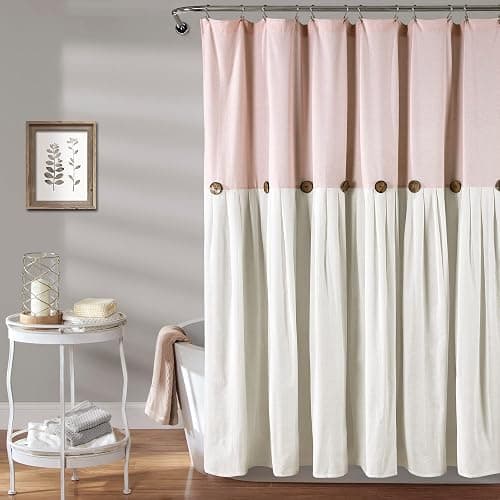 Lush Decor Linen Button Shower Curtain, 72" W x 72" L, Blush & Off White - Pink Bathroom Curtain - Fabric Shower Curtains - Farmhouse Bathroom Decor - Image 1