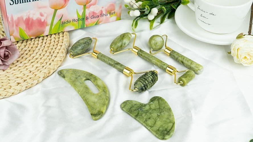 Sbnnfikeb 5Pcs Jade Roller & Gua Sha Facial Tool Set, Natural XiuYan Stone Face Roller and Gua Sha Board Kit, Portable Manual Skincare Massage Tools for Full Body Relax, Self-Care Gift for Women thumbnail 7