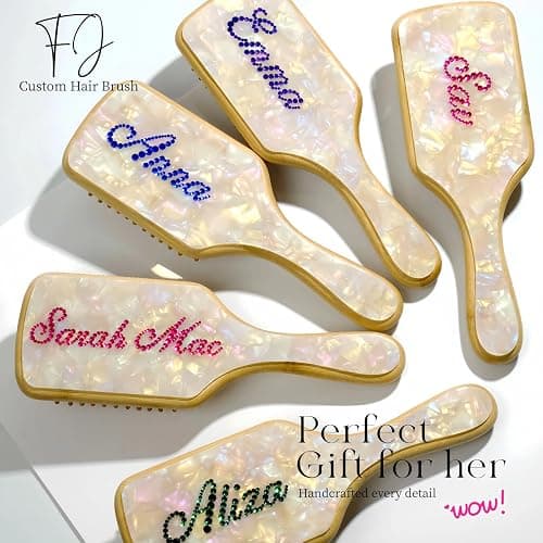 Personalized Rhinestone Hair Brush with Name - Custom Bling Hairbrush for Women & Girls, Handmade Marble Bamboo Wood Brush for Scalp Massage, Detangling, Gifts(Shell White) thumbnail 4