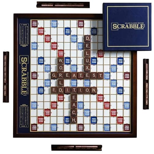 WS Game Company Scrabble Deluxe Edition with Rotating Wooden Game Board and Raised Tile Grid, Board Games for 2-4 Players (Ages 8+) - Image 1