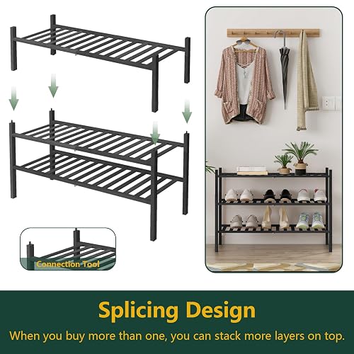 Z&L HOUSE 3-Tier Shoe Rack for Closet, Stackable Bamboo Shoe Rack for entryway, Hallway, Bathroom, Multifunctional Utility Free Standing Shoe Shelf Black thumbnail 7