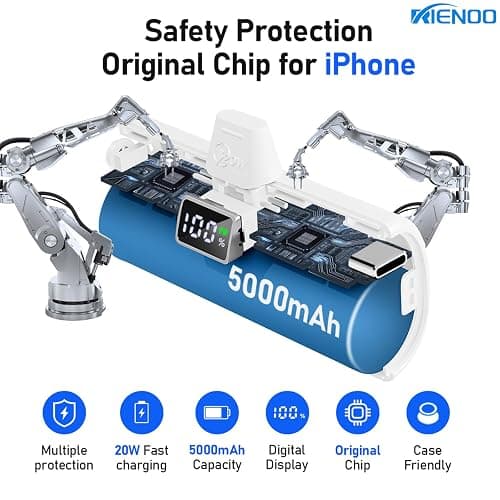 RIENOO Portable Charger for iPhone, 5000 mAh Small Power Bank with LED Display, 20W Fast Charging Mini Portable Phone Charger Battery Bank for iPhone 14/14 Pro Max/13/12/XR/8/7/6,White thumbnail 5