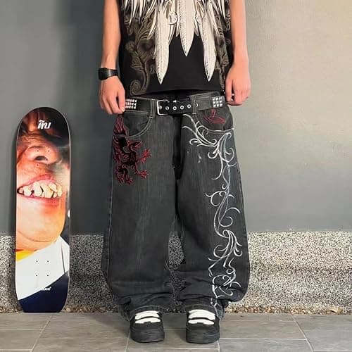 Sudiup Men's Jeans with Gothic Embroidered Print, Loose Wide Leg Casual Straight Leg Versatile Wide Leg Pants thumbnail 2