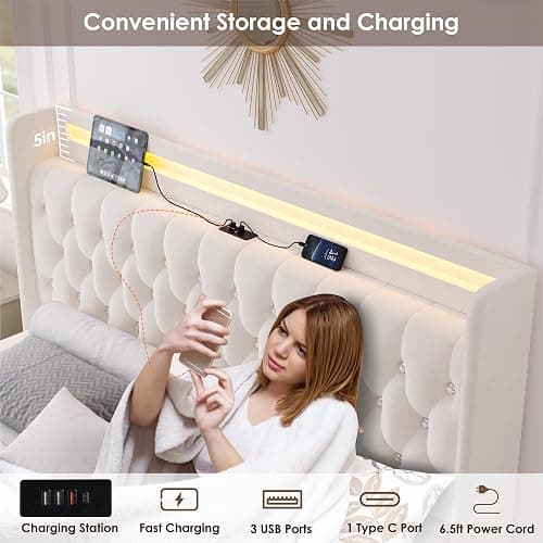 HIFIT King LED Bed Frame with Charging Station and 4 Storage Drawers, Velvet Upholstered Platform Bed with Handcrafted Crystal Button Wingback Headboard, Metal Frame with No Box Spring Needed, Beige thumbnail 5