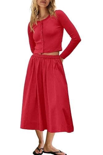 Panadila Womens 2 Piece Lounge Sets Matching Vacation Outfits Ribbed Button Down Cardigan and Elastic Waist Skirt Sets - Image 1