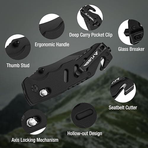 FLISSA Folding Pocket Knife with Clip, Glass Breaker and Seatbelt Cutter, Survival Knife for Emergency Rescue Situations, EDC Knife for Tactical, Hunting, Camping, Outdoor, Unique Gifts for Dad, Father-Black thumbnail 7