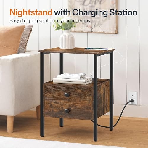HOOBRO End Table Set of 2 with Charging Station, Bedside Table with 2 Drawer & USB Ports & Type-C Port, Nightstand for Small Spaces, Stable and Sturdy, for Living Room, Rustic Brown BF43UBZP201 thumbnail 4