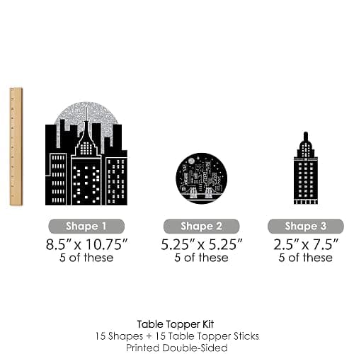 Nighttime City Skyline Party Centerpiece Sticks - Table Toppers - 15pc | Black & Silver Table Decorations, 3 Unique Cityscape Themed Shapes, Sticks and Stickers Included, USA-made thumbnail 6