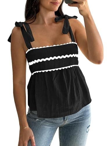 Tankaneo Womens Cute Tank Tops Summer Casual Peplum Babydoll Square Neck Tie Strap Backless Shirts - Image 1