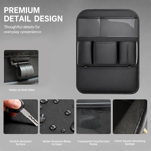 Leather Car Seat Back Organizer, Backseat Kick Mat Protector with Clear Touchscreen Tablet Holder, Cup Holder, Tissue Holder and Storage Pockets, Fits Cars SUVs Minivans, Black thumbnail 5