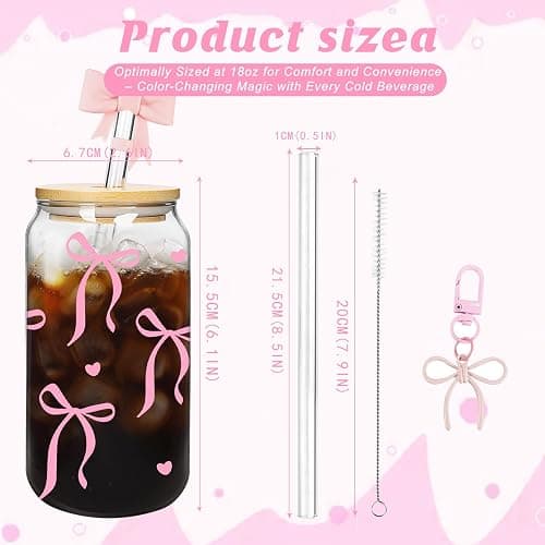 Mason Life Coquette Pink Bow Cute Glass Cups with Lids and Straw 18OZ Cute Tumbler Glass Cup with Keychain and Straw Cover for Iced Coffee Smoothie Cocktail Matcha Teen Girls Trendy Gift Preppy Stuff - Canglass-Cherry-bow thumbnail 3