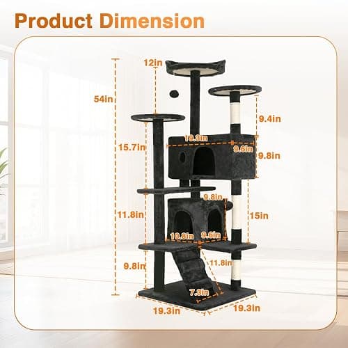 FDW | 54" Cat Tree Tower | Dark Gray | Multi-Level Indoor Activity Center | with Sisal Scratching Posts, Condos, Plush Perches, Hanging Cat Toys | Sturdy, Easy to Assemble | for Kittens & Adult Cats thumbnail 6