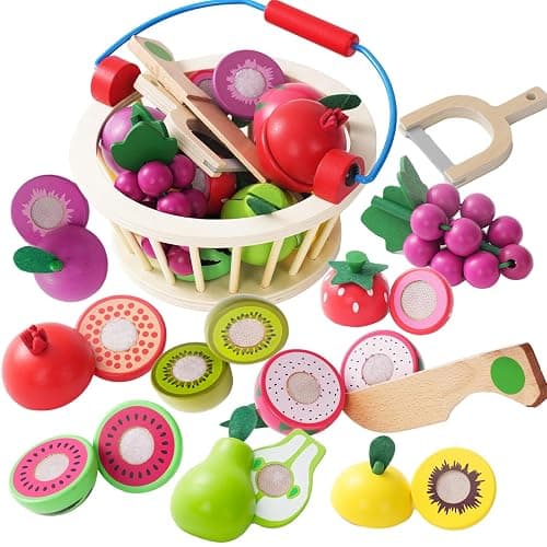 Smartwo Frutta da Tagliare in Legno Con Cesto - Accessori Cucina Giocattolo per Bambini, Verdura e Cibo Finto - Regalo Educativo per 3+ Anni - Image 1