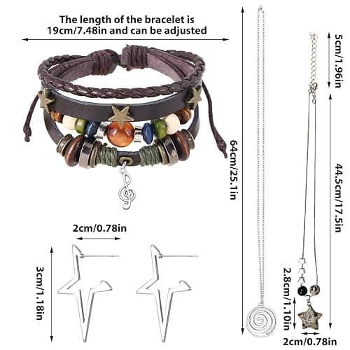 BATHRINS Y2k Grunge Jewelry Accessories - Spike Star Earrings Dangle,Gothic Swirl Star Necklace,Leather Bracelet For Halloween Rave Concert Alt Punk Emo Accessories thumbnail 4