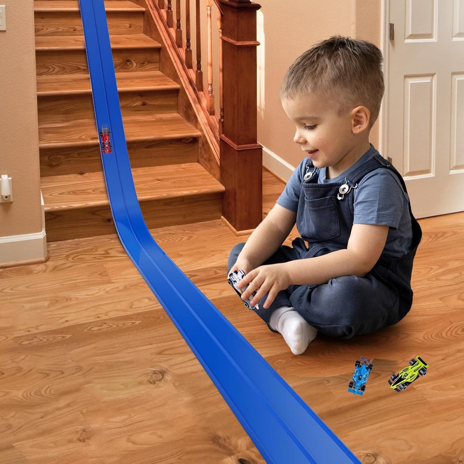 Flexible Race Car Track,16 Ft/5M Portable Dual Sided Racetrack with 4 Car & Suction Cups, Compatible with Hot Wheels & 1/64 Diecast Cars, Classic Long Rolls Up Race Track for Boys Girls (Blue) thumbnail 2