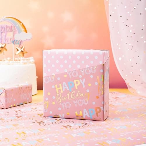 WRAPAHOLIC Reversible Birthday Wrapping Paper - Mini Roll - 17 Inch x 9.8 Feet - Rose Gold Foil and Iridescent Happy Birthday Wrapping Paper for Girls, Women, Baby Shower thumbnail 7