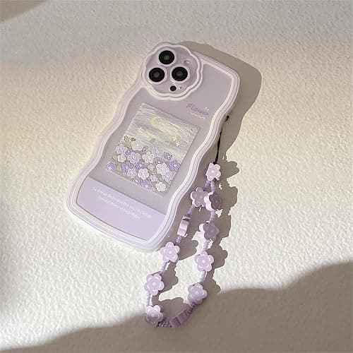 Fycyko Compatible with iPhone 14 Case with Cute Purple Flower Floral Pattern Design Aesthetic Women Teen Girls Flower Lens Protection Case for iPhone 14 +Chain-Flower thumbnail 6