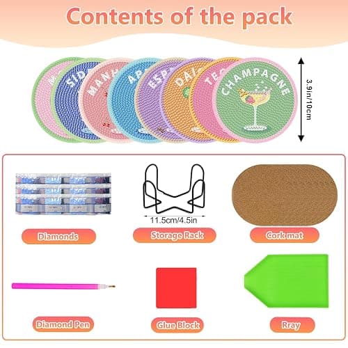 8 Pcs Cocktail Diamond Art Coasters Kit for Adults, Cocktail Diamond Painting Coasters with Holder, 5D Gem Art DIY Crafts Diamond Dots for Gift Life thumbnail 3