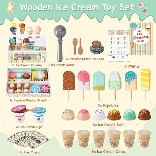 Wooden Ice Cream Toys for Kids Pretend Play Kitchen Food Toys with Scoop & Menu & Fake Money, Ice Cream Counter Shop Playset for 3 4 5 6 Year Old Girls Boys Birthday Gifts thumbnail 2