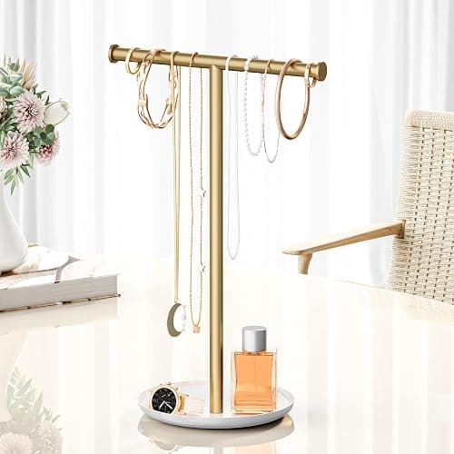 Jasopaco Gold Necklace Organizer Stand with Storage Tray - 12.6" Tall T-Shaped Jewelry Holder Stand for Bracelets, Earrings, Rings | Stylish Home & Vanity Décor for Women. thumbnail 6