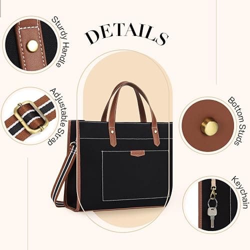 Missnine Laptop Tote Bag Canvas Laptop Bag 15.6 inch Work Shoulder Bags Casual Briefcase Handbag for Travel, Office, College (Black+Brown) thumbnail 5