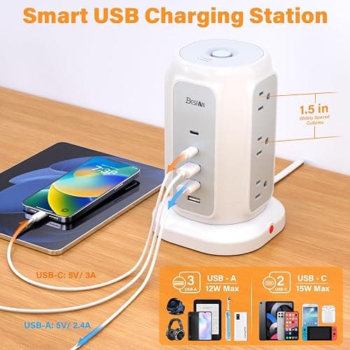 BESFAN Power Strip Tower, 1625W Surge Protector with 9AC Outlets 5 USB Ports, 6.5 FT Extension Cord Charging Tower for Multiple Devices, for Office Supplies, Dorm Room Essentials for Girls, Guys thumbnail 4