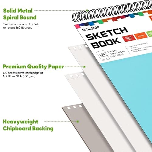 Soucolor Sketch Book 9x12,Thick Drawing Paper Pad School Art Supplies | 100 Sheets Thick 68lb/100gsm Acid-Free Paper,Blank Drawing Pad for Artists,Students,Kids,Notebook for Pencil,Charcoal,Pastel thumbnail 3
