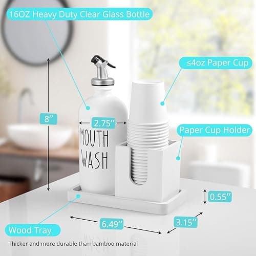 Glass Mouthwash Dispenser for Bathroom, 16 OZ Mouthwash Dispenser with Pour Spout and Wood Cup Holder and Tray, Mouth Wash Bottle Container, Farmhouse Kitchen Bathroom Decor and Accessories, White - White thumbnail 6