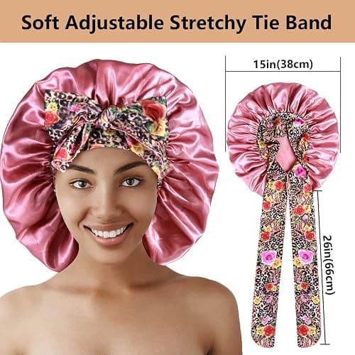 2pcs Large Silky Bonnets with tie Band Braid Bonnet, Satin Bonnet for Sleeping Curly Hair, A thumbnail 3