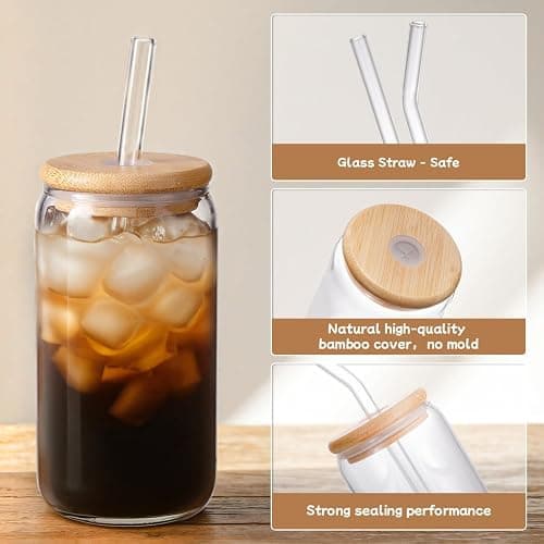 MHDCLY Iced Coffee Cup,Glass Cups with Lids and Straws,Drinking Glasses with Bamboo Lids and Glass Straw 4Pcs Set - 16Oz,Smoothie Cup,Beer Glasses,Clear Cute Tumbler Cup,Smoothie Cup thumbnail 4