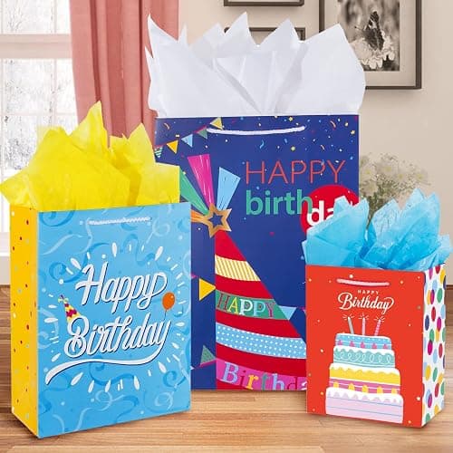 Birthday Gift Bag with Handle and Tissue Paper, 12 Pcs Gift Bags Assorted Sizes and Designs, Large, Medium, Small Size Birthday Gift Bag for Boys, Girls, 13”, 9” ) thumbnail 2
