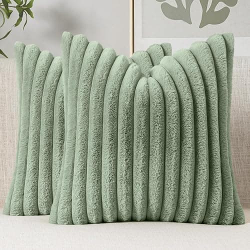 MIULEE Faux Fur Decorative Throw Pillow Covers 18x18 Set of 2 Sage Green | Modern Soft Plush Couch Pillows, Cozy Fluffy Cushion Covers for Sofa Bed Living Room Home Decor - Image 1