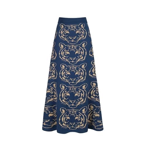 OXKnit Knittd Midi Skirts for Women, Mod Style Casual Retro Tiger Pattern High Waist A Line Cotton Blue Skirts thumbnail 2
