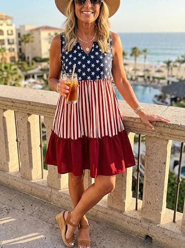 AIMITAG American Flag Star Vertical Striped Ruffled Mini Dress Womens 4th of July Patriotic Dresses Casual Color Block Dress thumbnail 6
