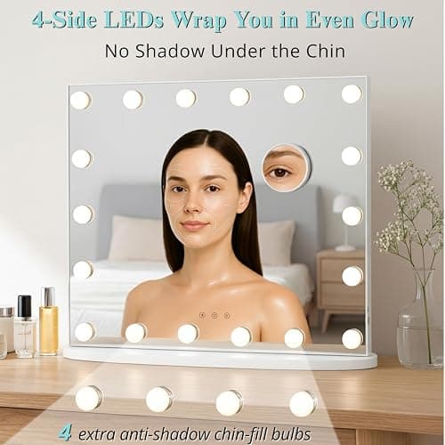 LUXFURNI Vanity Mirror with Lights, 23.6" x 20.5" Hollywood Mirror, Light Up Makeup Mirror with 18 LED Bulbs for Bedroom Desk, 3 Color Lighting Modes, Tabletop & Wall Mount, USB Charging Port thumbnail 3