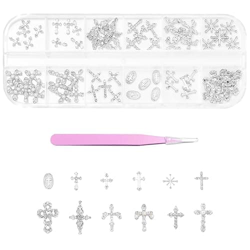 30 Pcs Kreuz Nagel Charms für Nagelkunst, 3D Metall Kristall Kreuz Nagel Dekorationen, Legierung Nagel Nieten und Strasssteine für Frauen Mädchen DIY Schmuck Handwerk Zubehör (C-Silber) - Image 1
