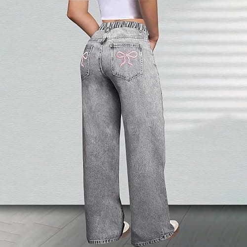 Girls Bow Jeans Trendy High Waist Wide Leg Baggy Denim Pants Casual Y2k Preppy Streetwear Cute Straight Trousers with Pocket thumbnail 5