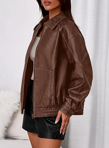PRETTYGARDEN Leather Jacket Women Faux Oversized Coat | Motorcycle Bomber Fall Jackets Trendy, Fashion Going Out Outfits, Travel, Winter Clothes, Zip Up Outerwear thumbnail 3