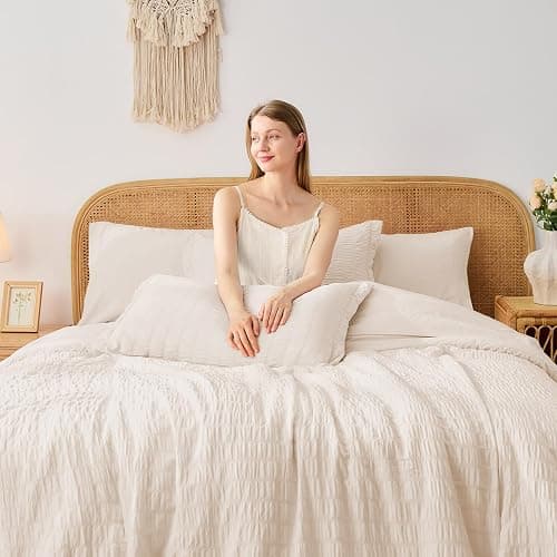 FUANNA Twin Comforter Set 5 Pieces, Luxury Seersucker Twin Bed Set for All Seasons, Soft Twin Bed in a Bag with Comforter, Flat Sheet, Fitted Sheet, Pillowcase & Sham for Bedroom, Beige thumbnail 3
