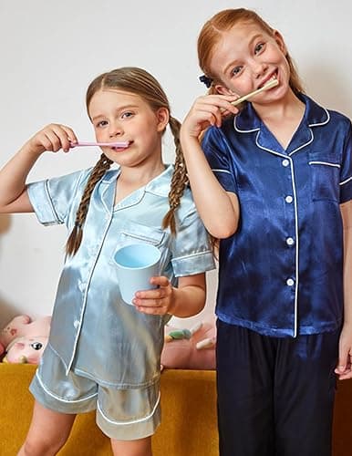 Arshiner Girls Pajamas Silk Satin Pajama Sleepwear Button Down Kids Pj Set | Soft Comfortable Silky Fabric, 2-Piece Pjs, Cute Pajamas for Little & Big Girls, Ideal for Lounging and Sleeping thumbnail 2