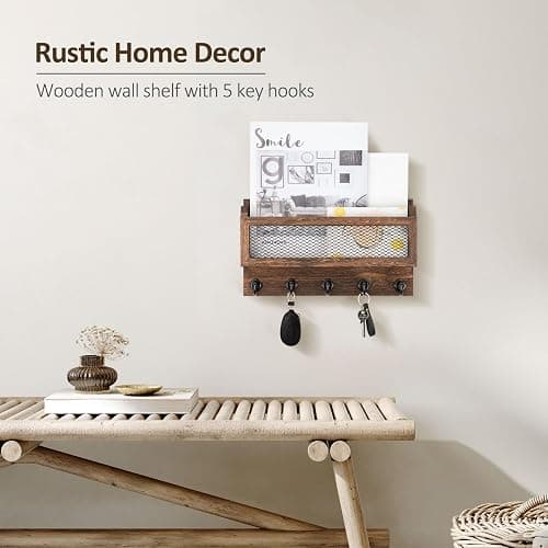 Nekon Mail and Key Holder for Wall Decorative, 11 Inch Mail Holder, Brown | Wooden Wall Key Organizer with 5 Key Hooks, Wall Mount Storage Shelf for Entryway Hallway thumbnail 6
