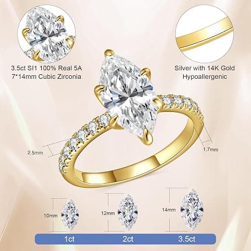 AVECON 3.5CT Marquise Cut Engagement Ring for Women, Wedding Promise Cubic Zirconia Band, 14K Gold Plated Bridal Half Eternity Simulated Diamond Rings for Anniversary, Size 5-9 thumbnail 3